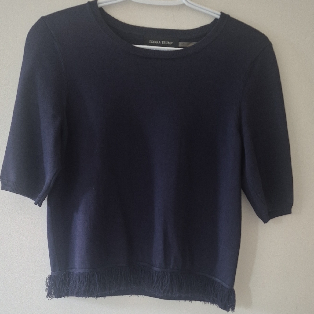 Ivanka Trump Dark Blue Fringe Hem Top